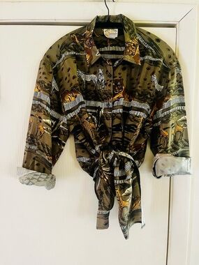 VTG 100% Silk Safari 90s Boho Festival Metro Express Resortwear Travel Blouse M